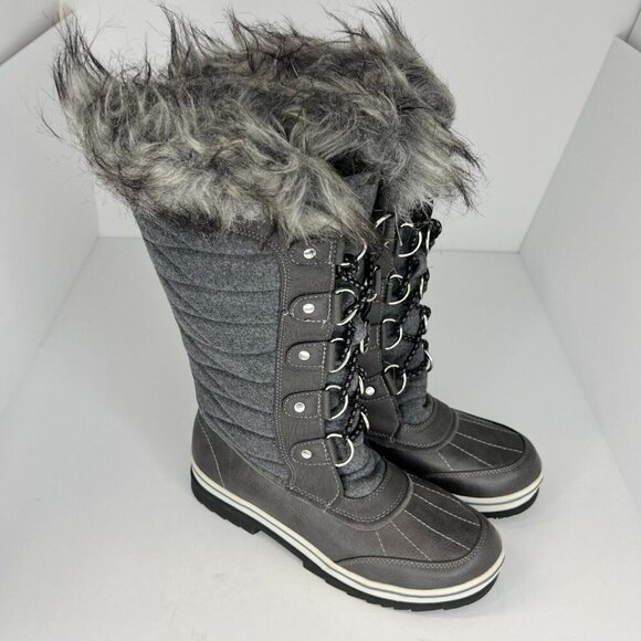 Womens Dark Gray Waterproof Lace Up Faux Fur Winter Mid Calf Size 8M Snow Boots - Picture 2 of 8